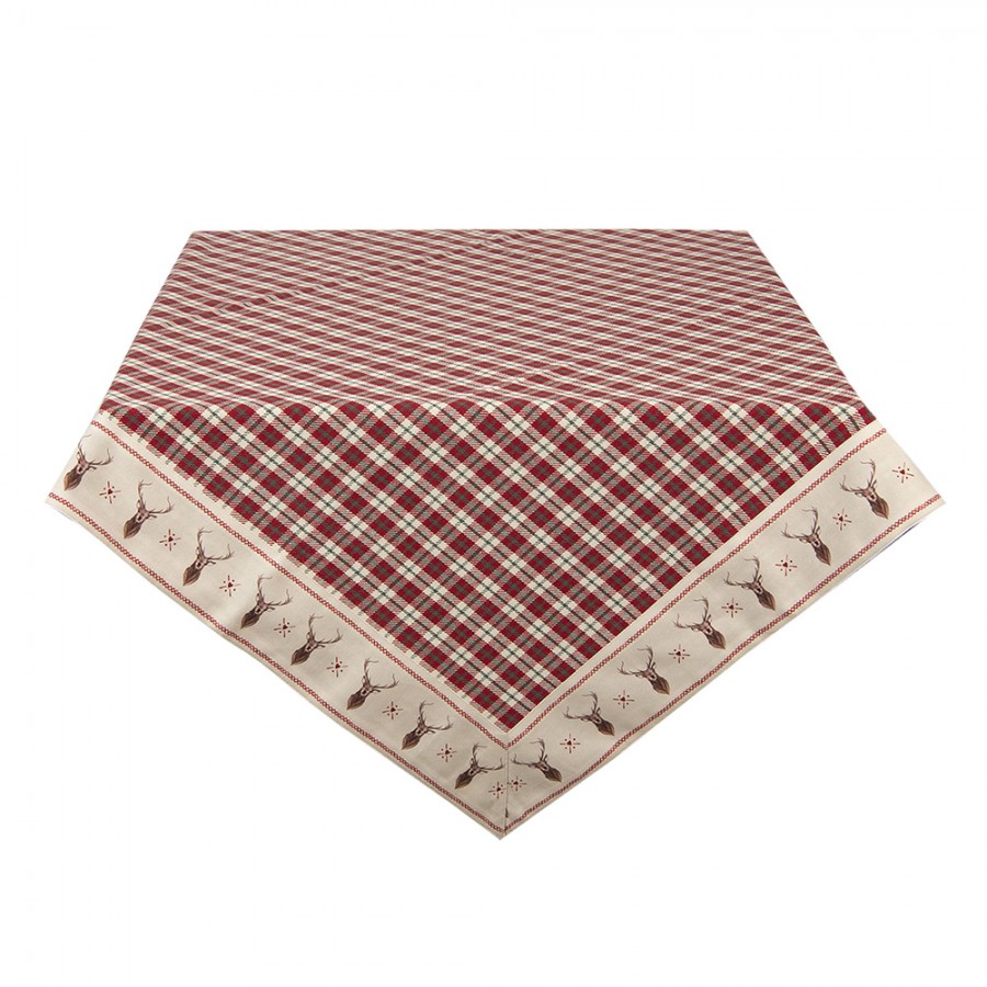 Tovaglia natalizia rossa e beige con cervi e quadri 150 × 250 cm Clayre & Eef